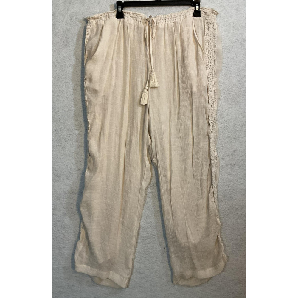 John Paul Richard Pants Womens Large White Boho Lace Trim Tassel Ankle Lined